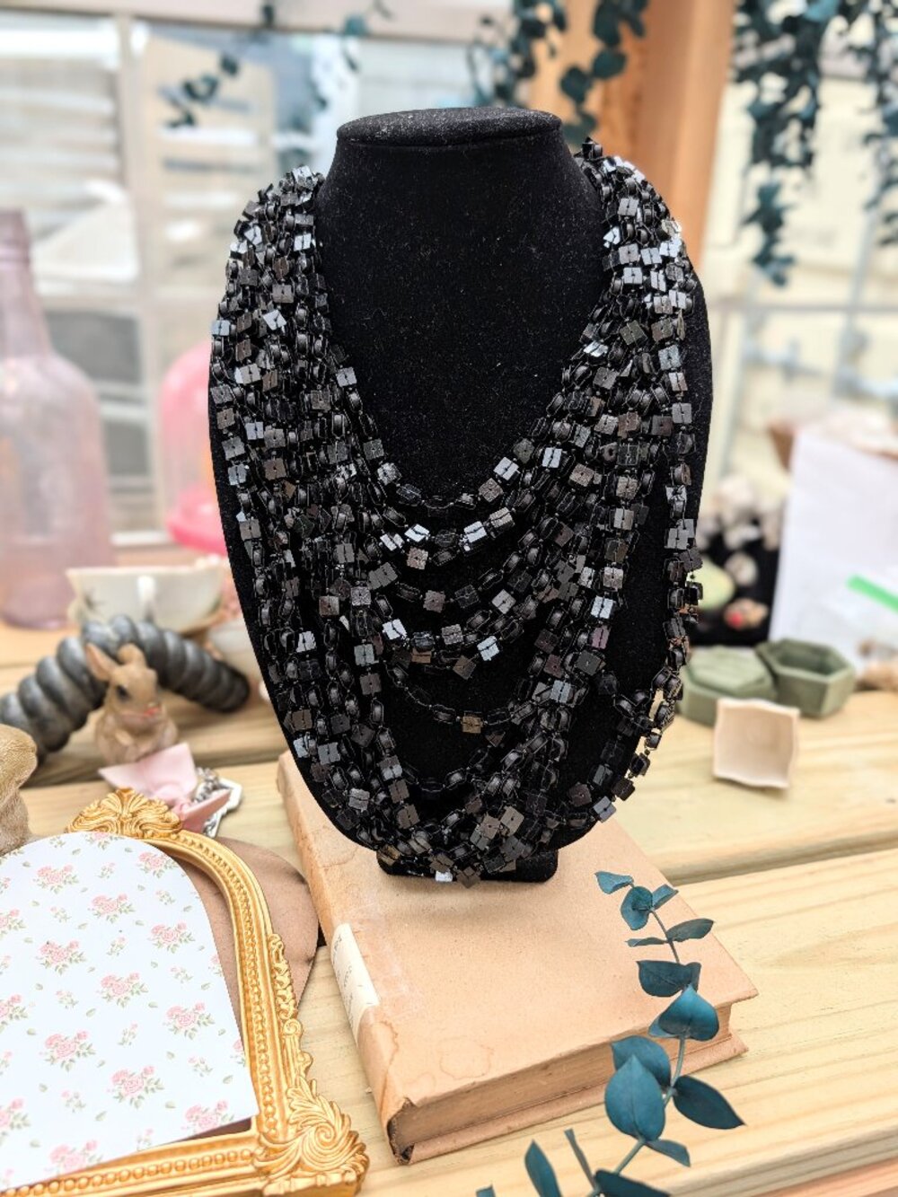 Vintage y2k signed Chicos multi-strand black statement necklace with square bead